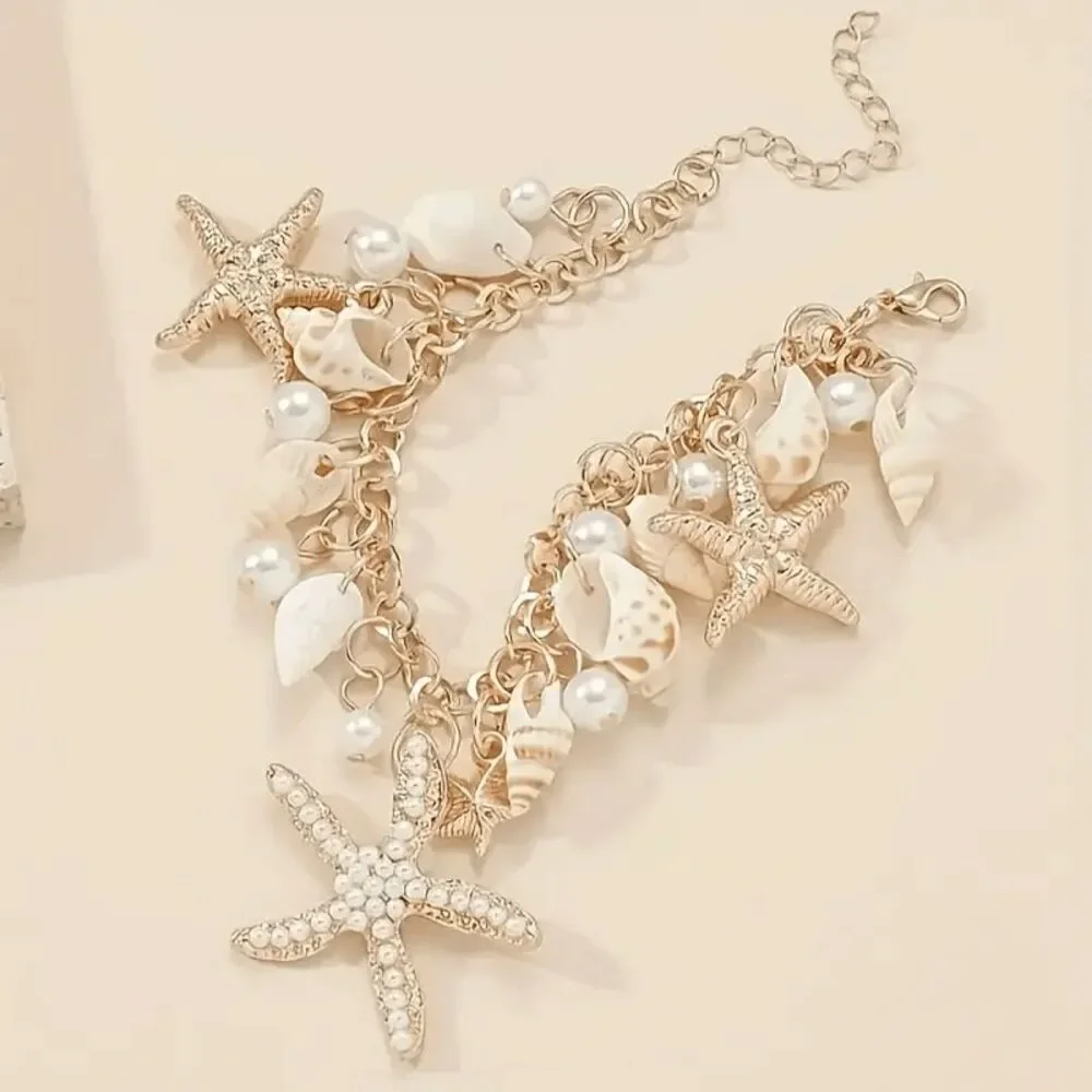 Chunky Golden Beach Starfish Concho Shell Pearl Bracelet or Anklet